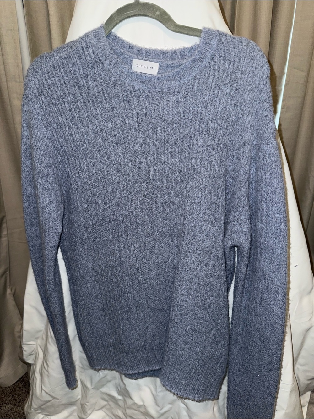 John Elliott Men's Light Heather Blue Crewneck Knit Sweater